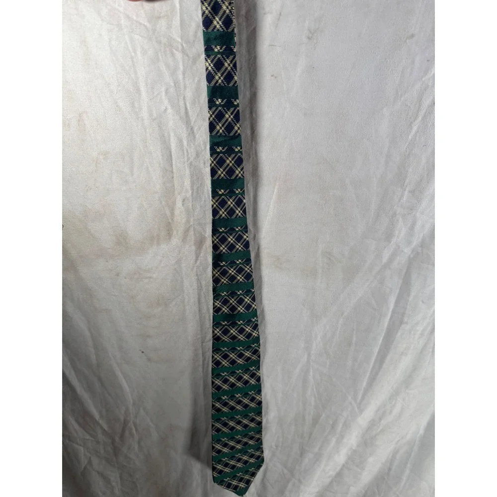 Tommy Hilfiger Mens Green Navy Gold Plaid Italian Silk Necktie Made in USA